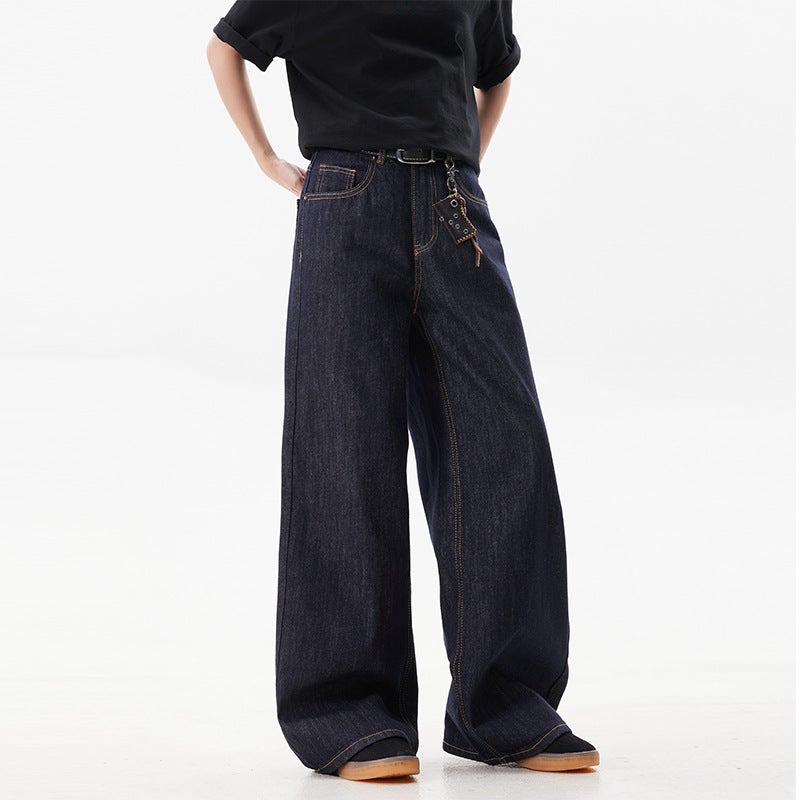 American Style Retro Deep Baking Black Blue Wide Leg Jeans Men And Women Loose Casual Straight Cleanfit Casual Trousers - Image 4