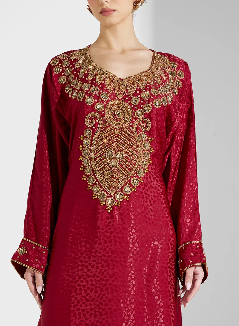 ARABIAN CLOSET Embellished Belted Jalabiya