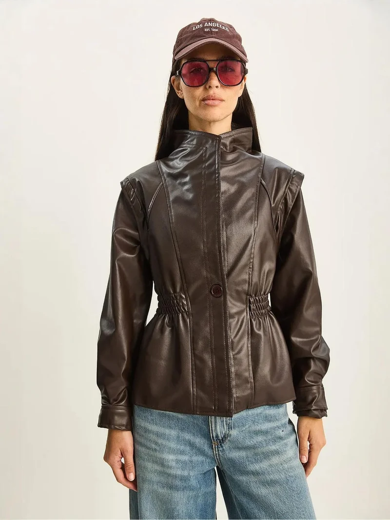Bianco Lucci LUCCI Zipped Oversize Faux Leather Jacket