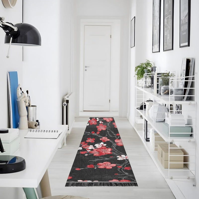 Bedroom Runner Machine Washable Non Slip Laundry Rug Runner Tassel Floor Mats for Kitchen Bedroom Living Room Home Decor Black and Red Japanese Cherry Blossoms - Image 2