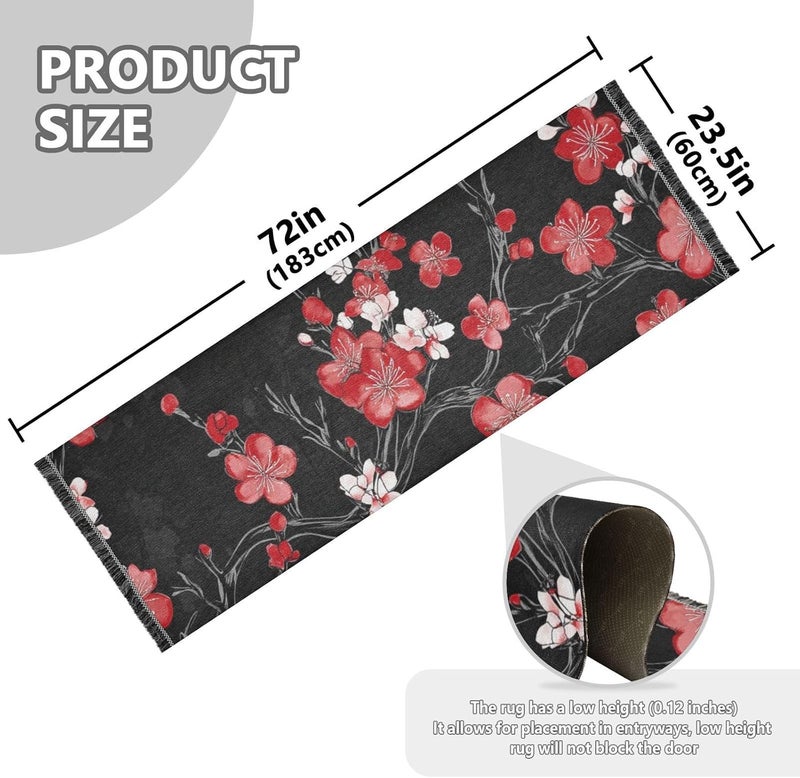 Bedroom Runner Machine Washable Non Slip Laundry Rug Runner Tassel Floor Mats for Kitchen Bedroom Living Room Home Decor Black and Red Japanese Cherry Blossoms - Image 3