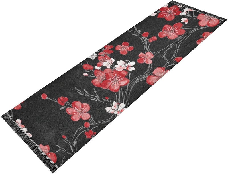 Bedroom Runner Machine Washable Non Slip Laundry Rug Runner Tassel Floor Mats for Kitchen Bedroom Living Room Home Decor Black and Red Japanese Cherry Blossoms - Image 1