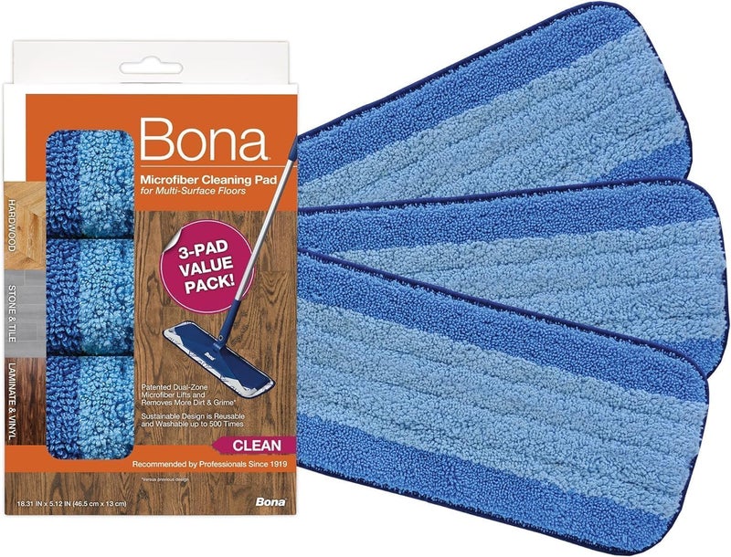BONA Mop Microfiber Cleaning Pad for Hardwood & Hard Surface Floors - Value 3-Pack - For Use With Mops - Dual Zone Cleaning - Image 1