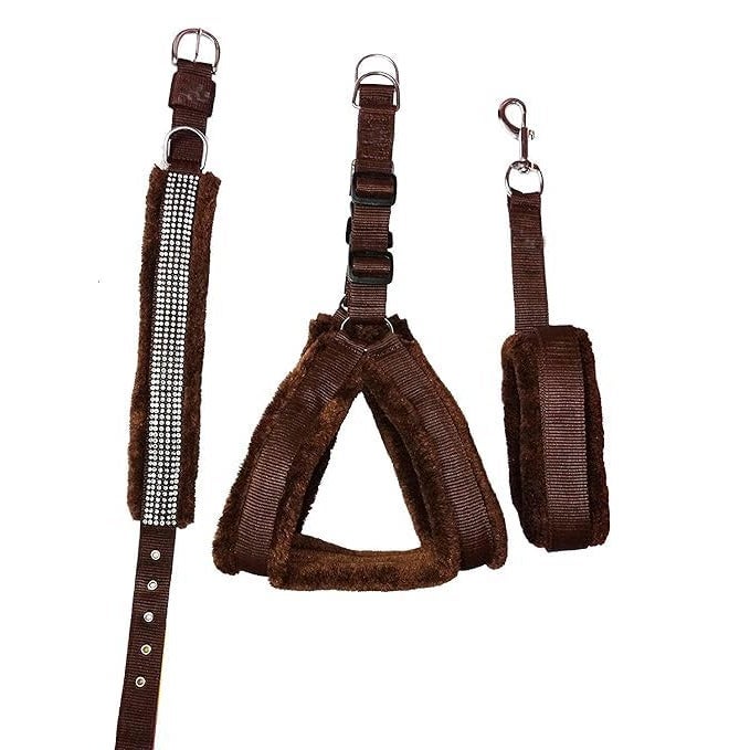 Cooker Nylon Fur Dog Harness & Leash Combo, Adjustable Harness, Soft Fur Padded (Brown) - Image 1