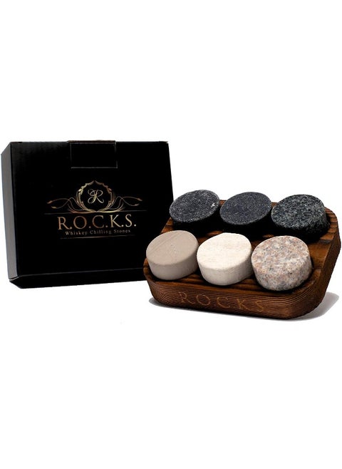R.O.C.K.S. Whiskey Chilling Stones - Set Of 7 Handcrafted Premium Granite Round Sipping Rocks - Hardwood Presentation And Storage Tray By