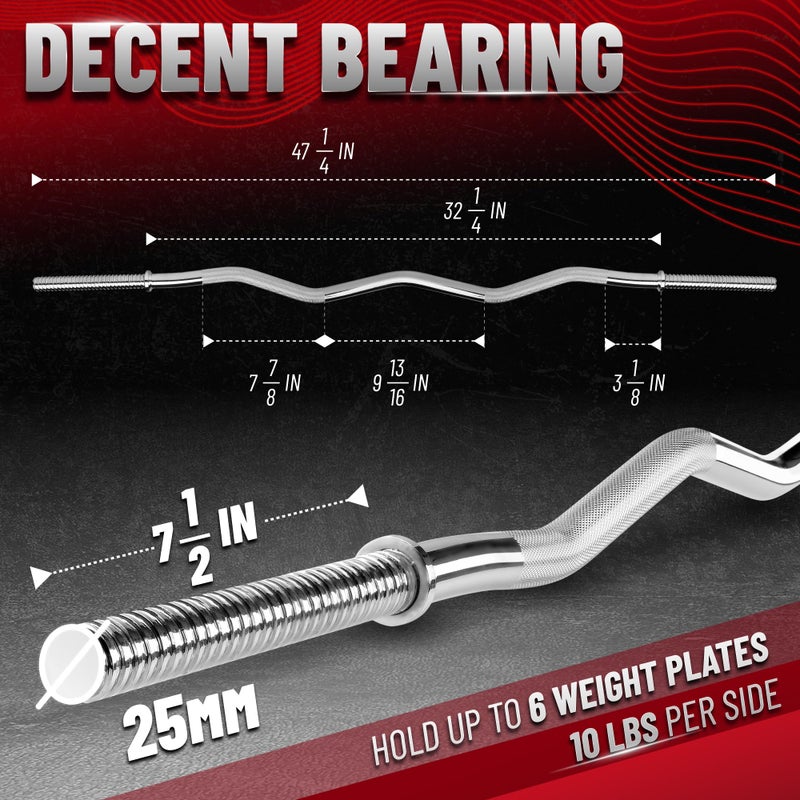 YES4ALL 480lbs Chrome EZ Curl Bar, 47 Inches Curling Barbell, 1 Inch Weight Lifting Bars for Bicep Tricep, 2 Star Collars - Image 2
