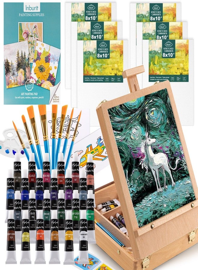 Inburit Art Paint Set with Wooden Easel Box, 24 Colors Acrylic Paints, 8 Paint Brushes, 6 Canvas Panel Deluxe Paining Supplies kit for Kids, Student, Adult & Artist - Image 1