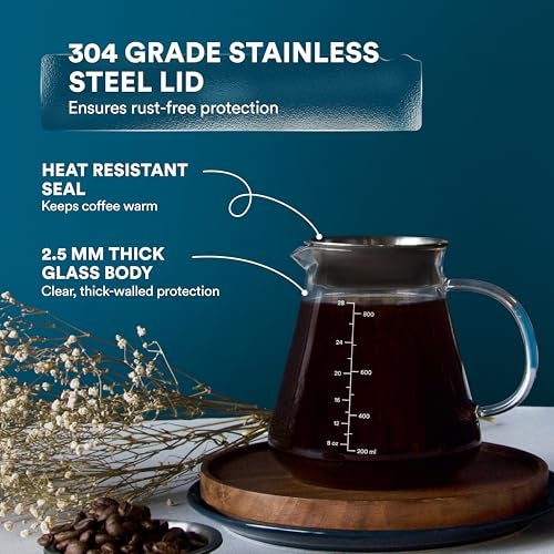 ovalware Glass Range Coffee Server For Pour Over Coffee & Tea - 800ml/27oz Ovalware Microwave Safe & Heatproof 2.5mm Thick Glass Body - Image 3