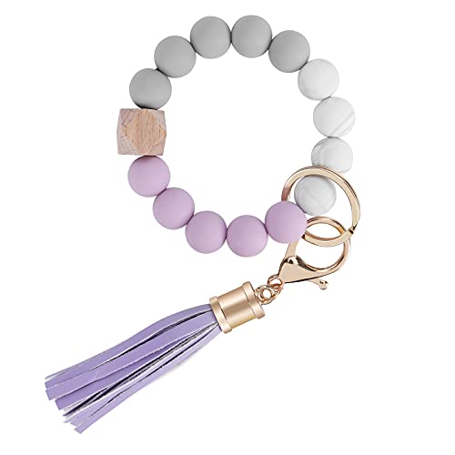 Weixiltc Keychain Wristlet for Women, Silicone Bead Bracelet with Leather Tassel, Cute Car Key Ring for Girls, Charm Key Chain Holder for Women (Purple) - Image 1