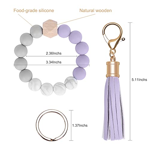 Weixiltc Keychain Wristlet for Women, Silicone Bead Bracelet with Leather Tassel, Cute Car Key Ring for Girls, Charm Key Chain Holder for Women (Purple) - Image 2