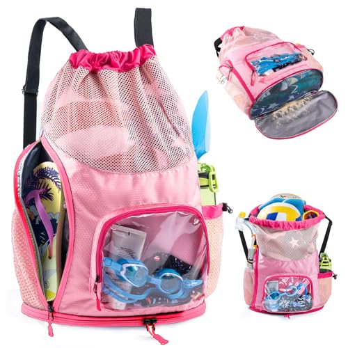 VIGEGARI Mesh Drawstring Backpack with Shoe Compartment Sandproof Beach Swim Bag with Wet Pocket Pool Gym Shower Bag for Travel Summer Camp - Image 1
