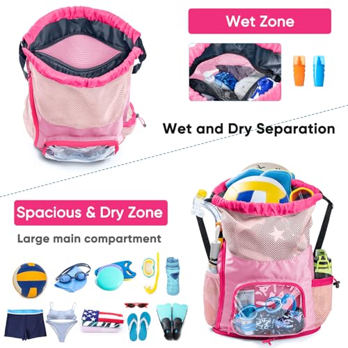 VIGEGARI Mesh Drawstring Backpack with Shoe Compartment Sandproof Beach Swim Bag with Wet Pocket Pool Gym Shower Bag for Travel Summer Camp - Image 3