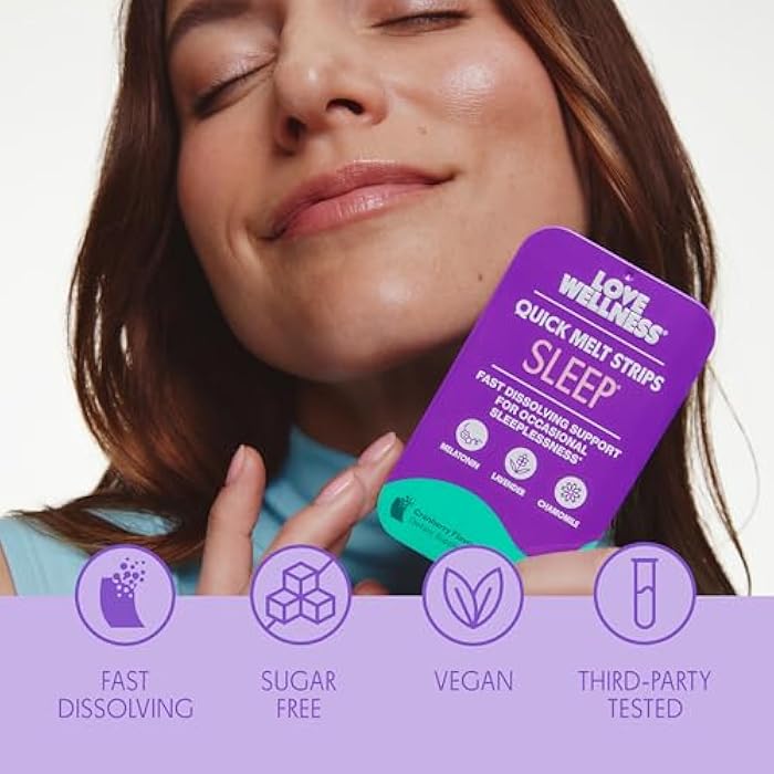 Love Wellness Sleep* Quick Melt Strips - Fast-Dissolving Sleep Support with Melatonin and Calming Botanicals - Promotes Restful Sleep* - No Water Needed - Vegan and Sugar-Free - 32 Strips - Image 5