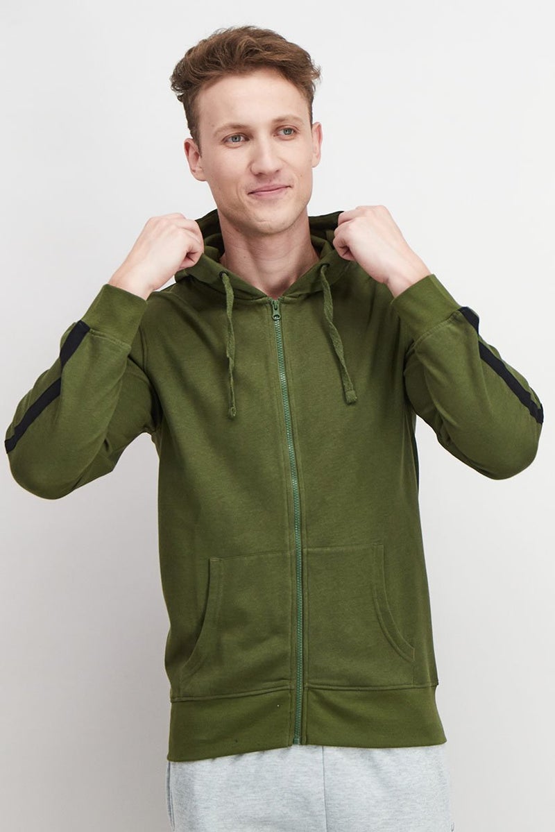 Tahari سويت شيرت بقلنسوة بأكمام طويلة بسحاب كامل للرجال، أخضر عسكري - Image 1