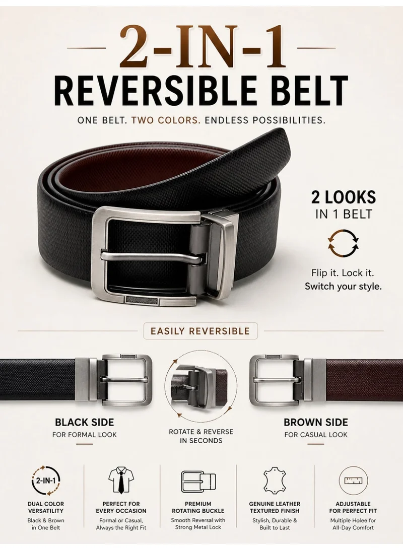 TEAKWOOD Teakwood Genuine Leather Reversible Belt for Men | Black & Brown Textured Dual Color | Formal & Casual Belt | Rotating Pin Buckle | Adjustable Size | Durable Premium Finish | Ideal for Office & Daily Wear