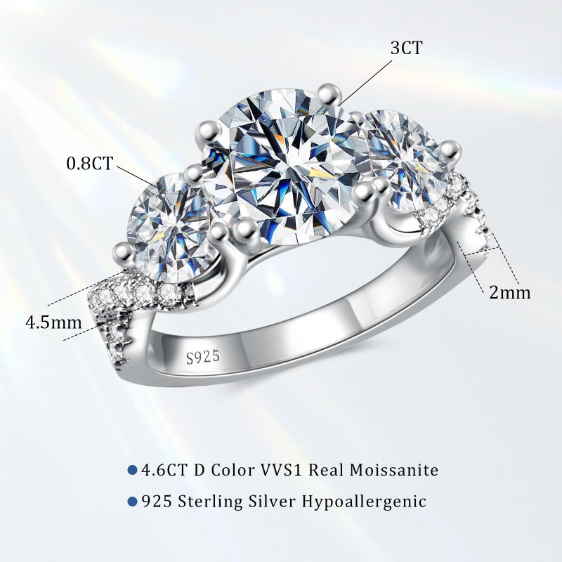 LOIPURI خاتم خطوبة مويسانيت 3 حجر LOIPURI 4.6CT، لون D VVS1 قطع دائري من الفضة الإسترلينية 925، خاتم وعد زفاف ذكرى للنساء، مقاس 7 - Image 3