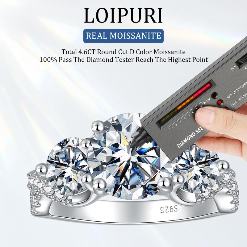LOIPURI خاتم خطوبة مويسانيت 3 حجر LOIPURI 4.6CT، لون D VVS1 قطع دائري من الفضة الإسترلينية 925، خاتم وعد زفاف ذكرى للنساء، مقاس 7 - Image 5