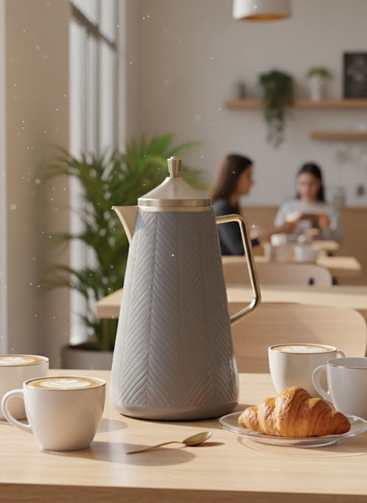 GAZELLA Plastic Tea/Coffee Flask 1 Liter Grey/Gold with Borosilicate Glass Inside - Image 1