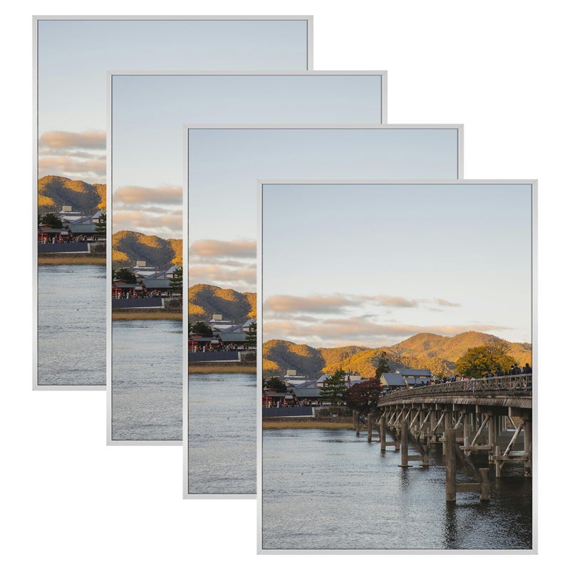 Frametory 18x24 Aluminum Picture Frame Real Glass Front Display 18 x 24 Photo for Wall 18 by 24 Poster Frame Hook for HorizontalVertical Mount Silver 4 Pack