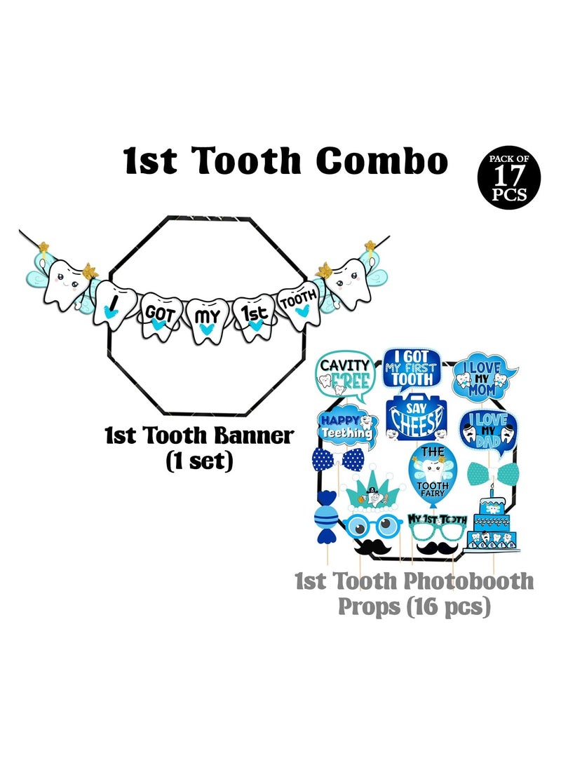 16 قطعة من دعامات حفلات I Got My First Tooth، مجموعة واحدة من لافتة عيد ميلادي الأول/زخرفة للأسنان الأولى/عناصر تزيين للأسنان الأولى لمجموعة تزيين حفلات الأطفال/الأرز (عبوة من 17 قطعة) - Image 2