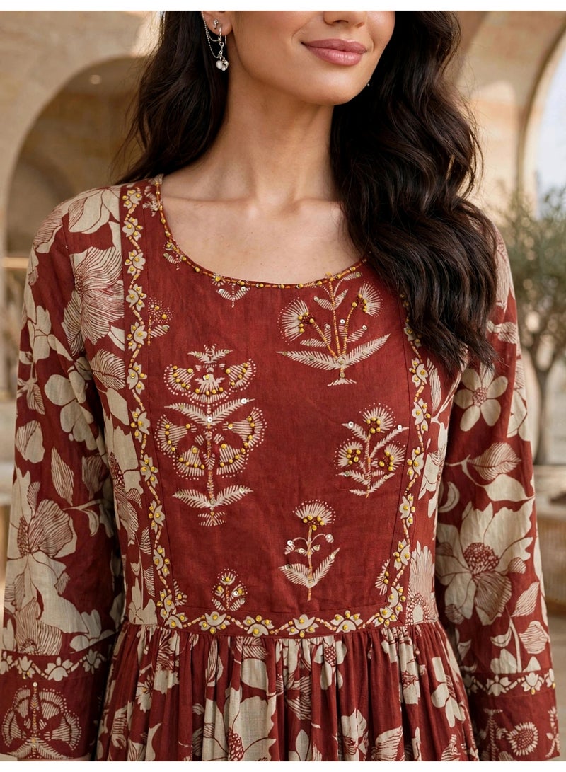 IKKXA Vintage Floral Flared Midi Jalabiya IK34Red - Image 2