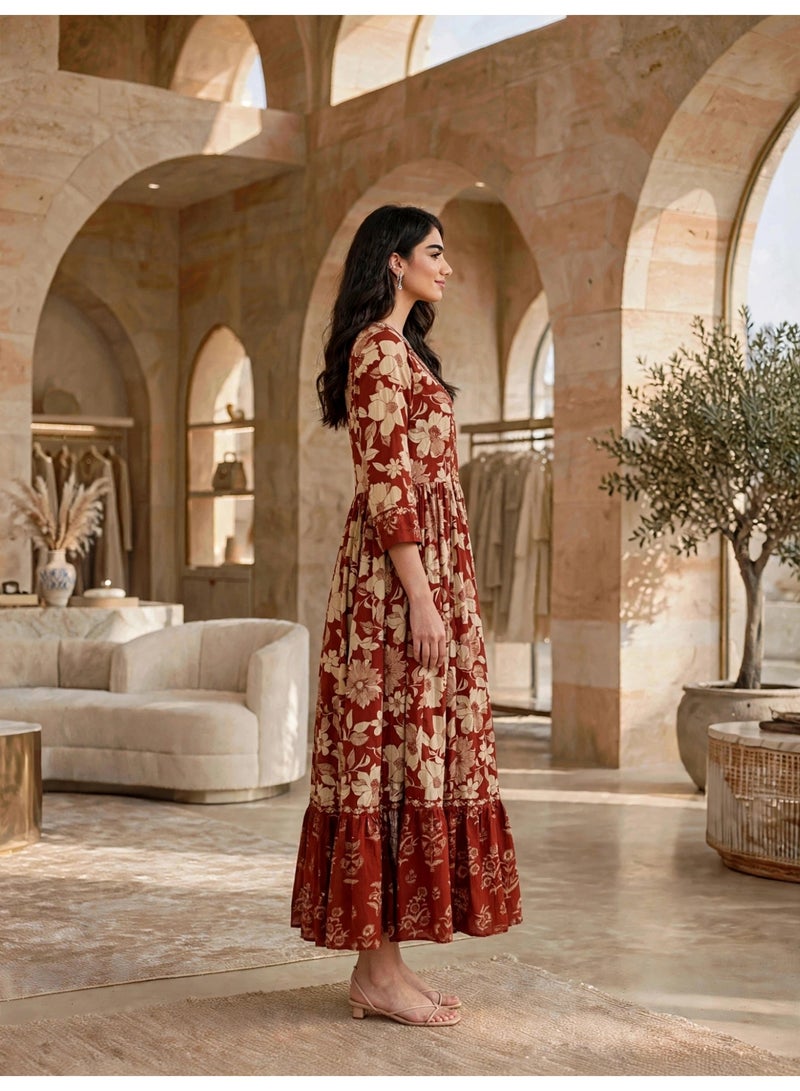 IKKXA Vintage Floral Flared Midi Jalabiya IK34Red - Image 3