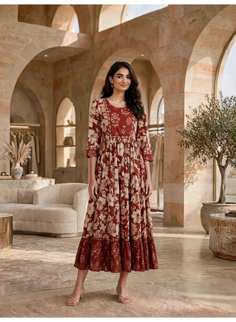 IKKXA Vintage Floral Flared Midi Jalabiya IK34Red - Image 1