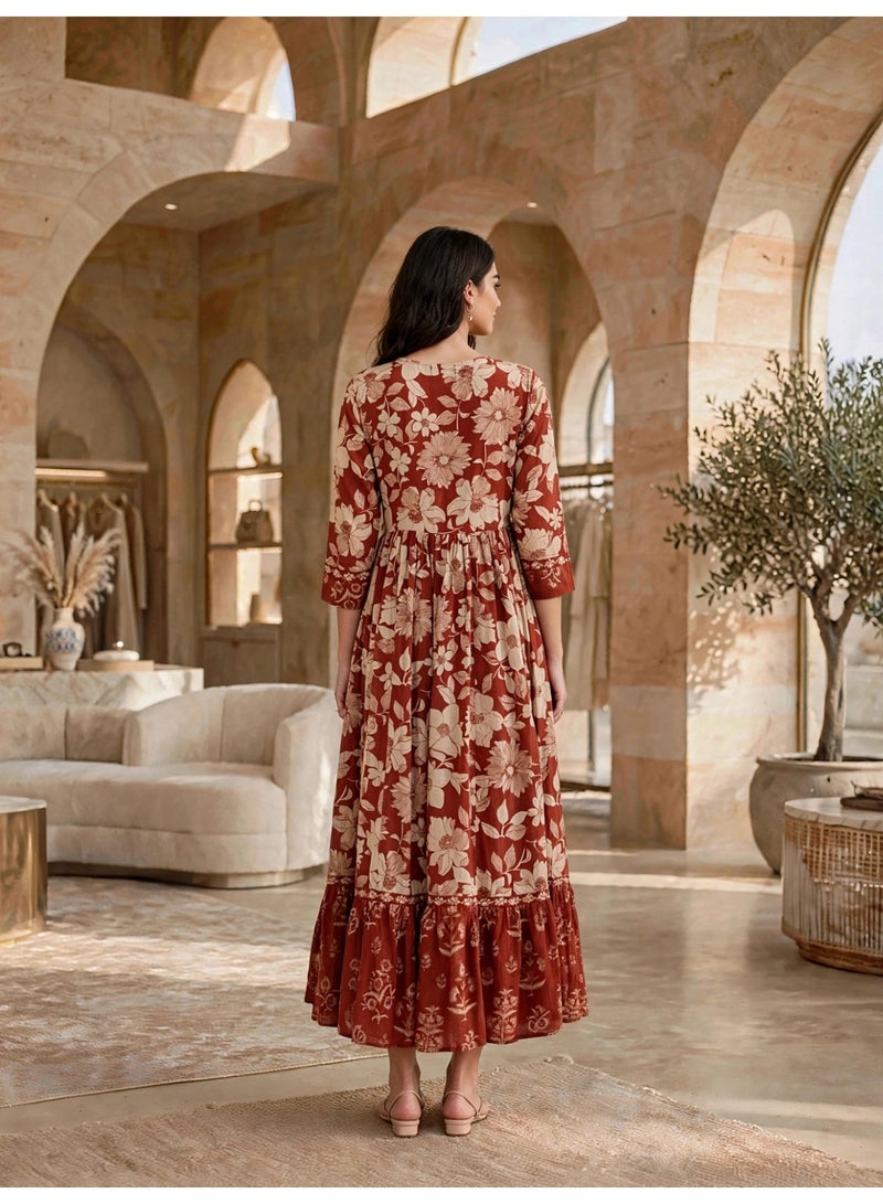 IKKXA Vintage Floral Flared Midi Jalabiya IK34Red - Image 5