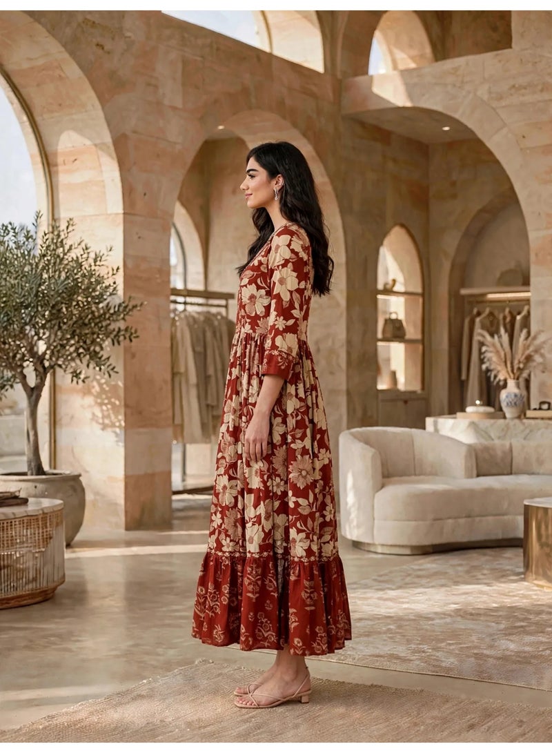 IKKXA Vintage Floral Flared Midi Jalabiya IK34Red - Image 4