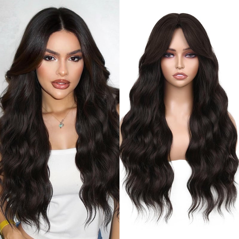 WIGNEE Breathable Long Curly Wavy Dark Brown Wig for Women 26 Inch Middle Part Synthetic Hair Wig Glueless with Bangs Natural Hairline Looking Wigs Wear and Go for Daily/Cosplay/Halloween - Image 1