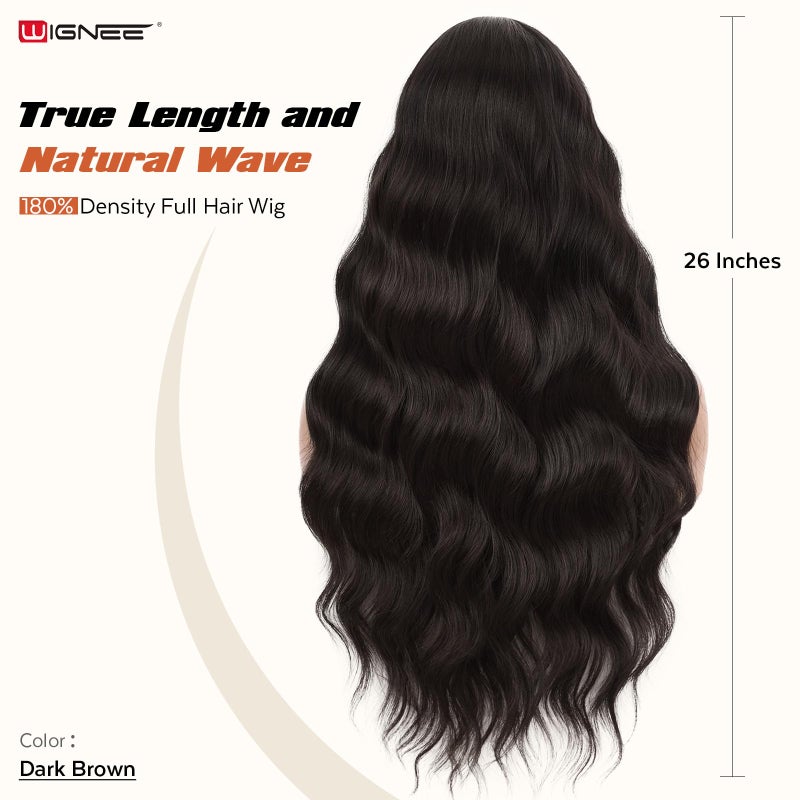 WIGNEE Breathable Long Curly Wavy Dark Brown Wig for Women 26 Inch Middle Part Synthetic Hair Wig Glueless with Bangs Natural Hairline Looking Wigs Wear and Go for Daily/Cosplay/Halloween - Image 3