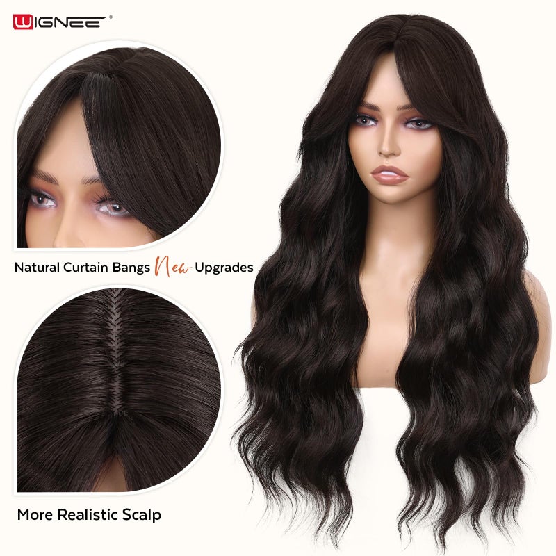 WIGNEE Breathable Long Curly Wavy Dark Brown Wig for Women 26 Inch Middle Part Synthetic Hair Wig Glueless with Bangs Natural Hairline Looking Wigs Wear and Go for Daily/Cosplay/Halloween - Image 2