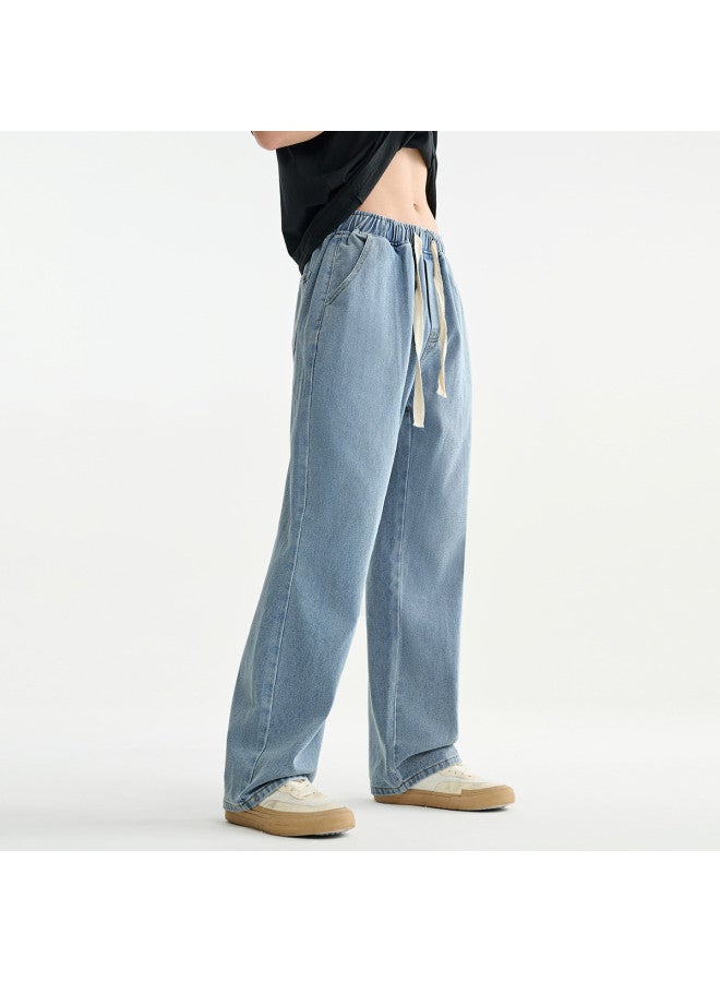 Jeanswest Style Summer Light Blue Elastic Waist Relaxed Fit Jeans - Comfortable & Versatile Men's Wide Leg Pants - Image 4