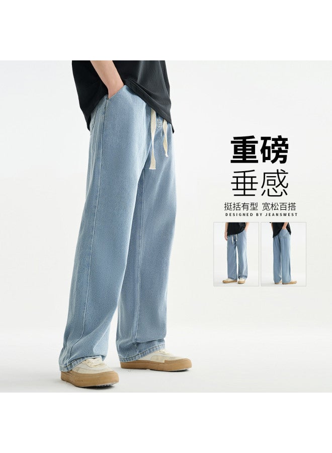 Jeanswest Style Summer Light Blue Elastic Waist Relaxed Fit Jeans - Comfortable & Versatile Men's Wide Leg Pants - Image 2