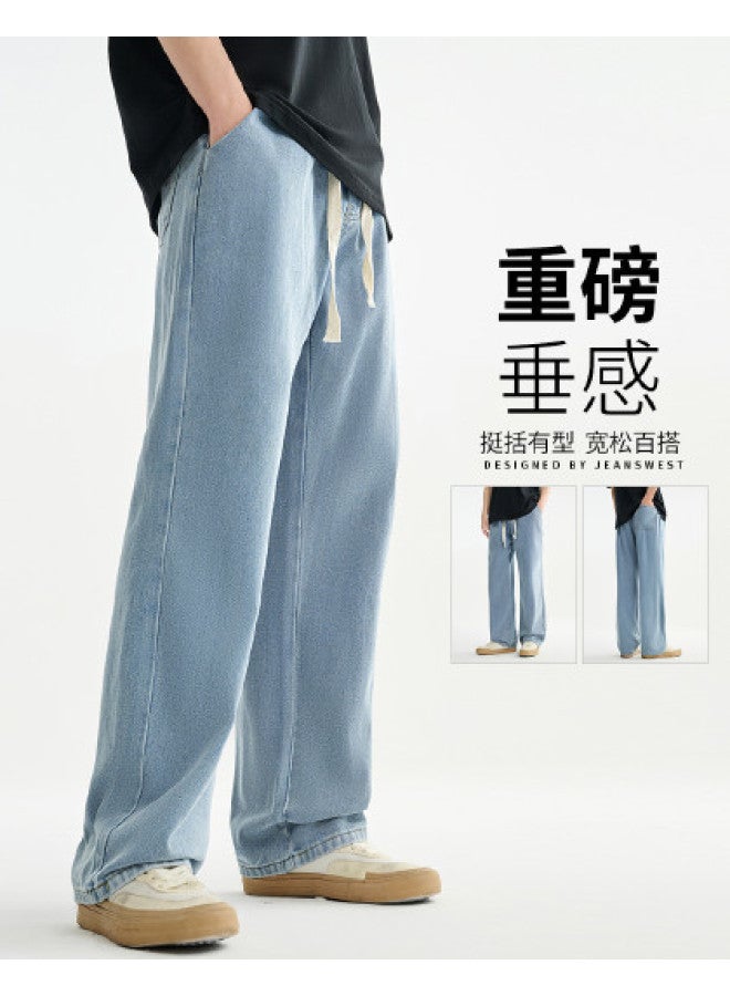 Jeanswest Style Summer Light Blue Elastic Waist Relaxed Fit Jeans - Comfortable & Versatile Men's Wide Leg Pants - Image 1