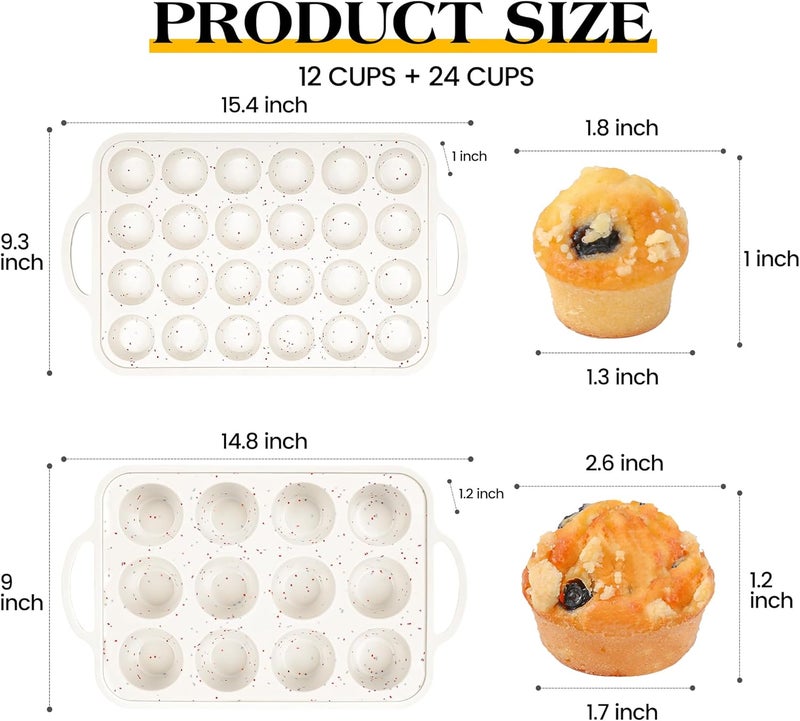 AOTASO Regular 12 Cup and Mini 24 Cup Nonstick Cupcake Pan Set Silicone Muffin Pan for Baking Silicone Cupcake Mold with Metal Reinforced Frame BPA Free (2 Pcs, Cream) - Image 5