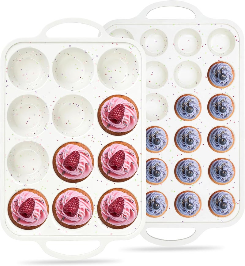 AOTASO Regular 12 Cup and Mini 24 Cup Nonstick Cupcake Pan Set Silicone Muffin Pan for Baking Silicone Cupcake Mold with Metal Reinforced Frame BPA Free (2 Pcs, Cream) - Image 1