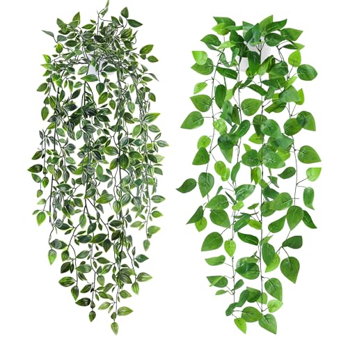 Der Rose 2Pcs Fake Plants Artificial Hanging Faux Potted Ivy Vines Wall Plants Indoor for Home Room Bookshelf Outdoor Decor - Image 1