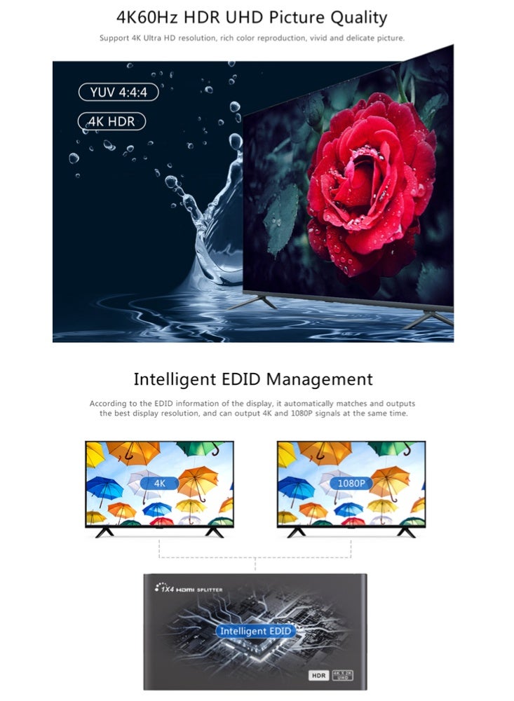Lenkeng 1×4 HDMI Splitter 4K@60Hz HDR LKV314EDID-V3.0 - Image 5