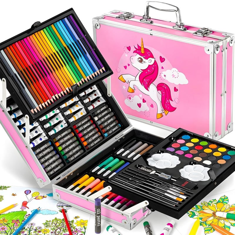 INOBECK 145 Pieces Drawing Kit - Professional Folding Aluminum Art Kit, Professional Art Set, Drawing Set With Feathers, School Art Supplies, Gifts For Children, Students, Beginners And Artists (Pink) - Image 1
