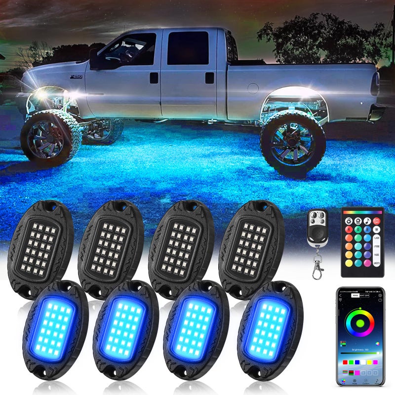 8Pods Metal RGB LED Rock Lights with APPRF Remote Control Multicolor Waterproof Vehicle Underglow Lights with Dual Zone Music Mode Underbody Light 12V for Truck Jeep Golf Cart Offroad Pickup UTV ATV