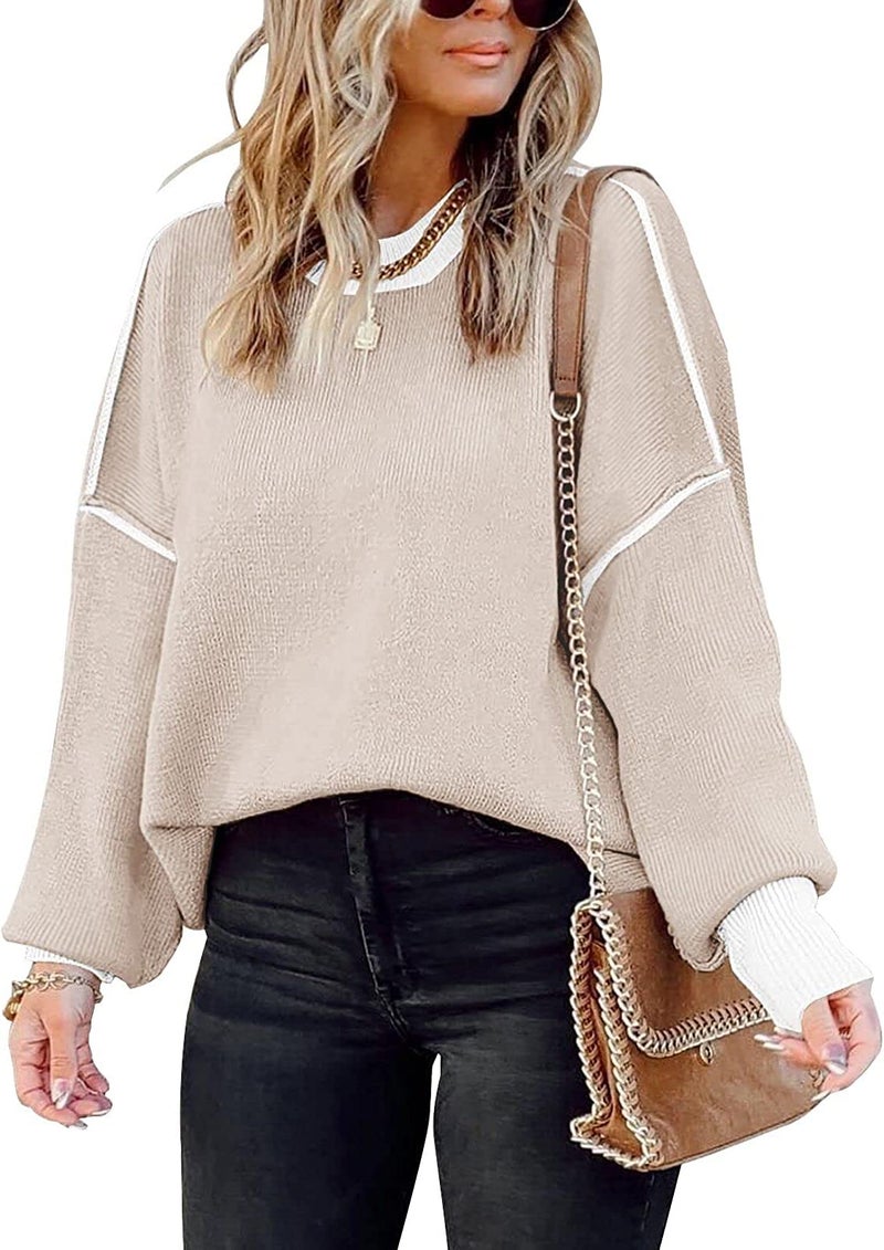 ETCYY Womens Oversized Sweaters Fall 2026 Fashion Clothes Trendy Batwing Sleeve Colorblock Striped Knit Pullover Tops,Apricot,Small - Image 1