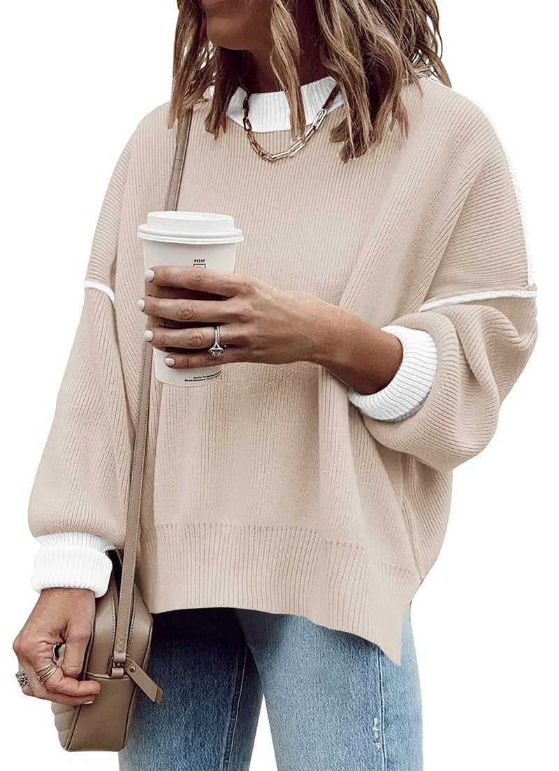 ETCYY Womens Oversized Sweaters Fall 2026 Fashion Clothes Trendy Batwing Sleeve Colorblock Striped Knit Pullover Tops,Apricot,Small - Image 2