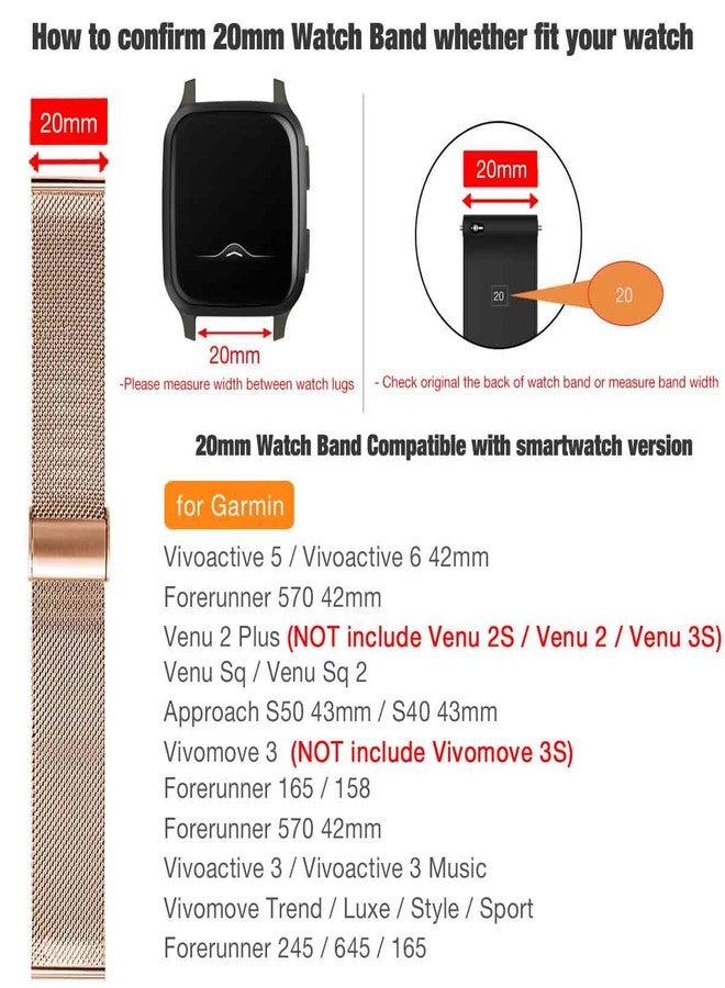 Abanen سوار ساعة شبكي من الفولاذ المقاوم للصدأ بقطر 20 مم من أبانين لجهاز Garmin Venu 2 Plus/Venu Sq 2 / Vivoactive 6، حزام معصم معدني بإصدار سريع لجهاز Approach S50 / S40 (ذهب وردي) - Image 2