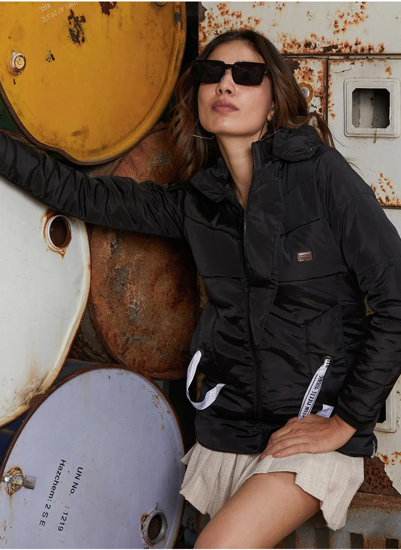 Campus Sutra Women's Onyx Black Zip-Front Trek Puffer Jacket