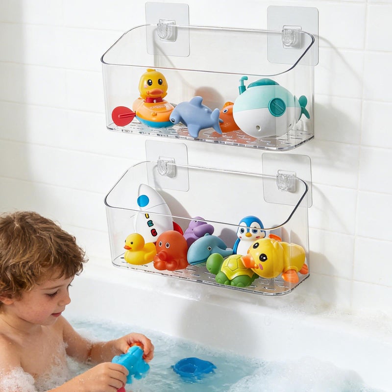 Eunion Bath Toy Storage Organizer, Bathtub Toy Storage Holder, Large Capacity Wall Mounted Shower Caddy Shower Organizer, No Drill Shelves Basket, Clear White, 2 Pack - Image 1