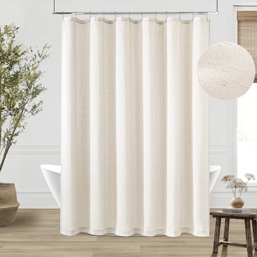 DUKIYO Cream Linen Shower Curtain Natural Boho Farmhouse Shower Curtains for Bathroom Neutral Aesthetic Bath Decor Sheer Cloth Water Repellent Fabric Drapes with Hooks Sets Birch Ivory 72x72 Inch