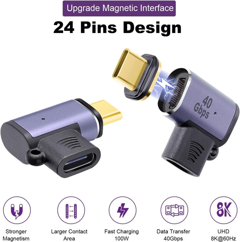 DuHeSin Magnetic 90 Degree USB C Adapter (2 Pack), Right Angle USB-C Male to Female PD 100W Charge 40Gbps Connector for MaCB-OOK Pro/Air,Laptop, Mobile Phone and More Type C Devices AE-01102TC - Image 4