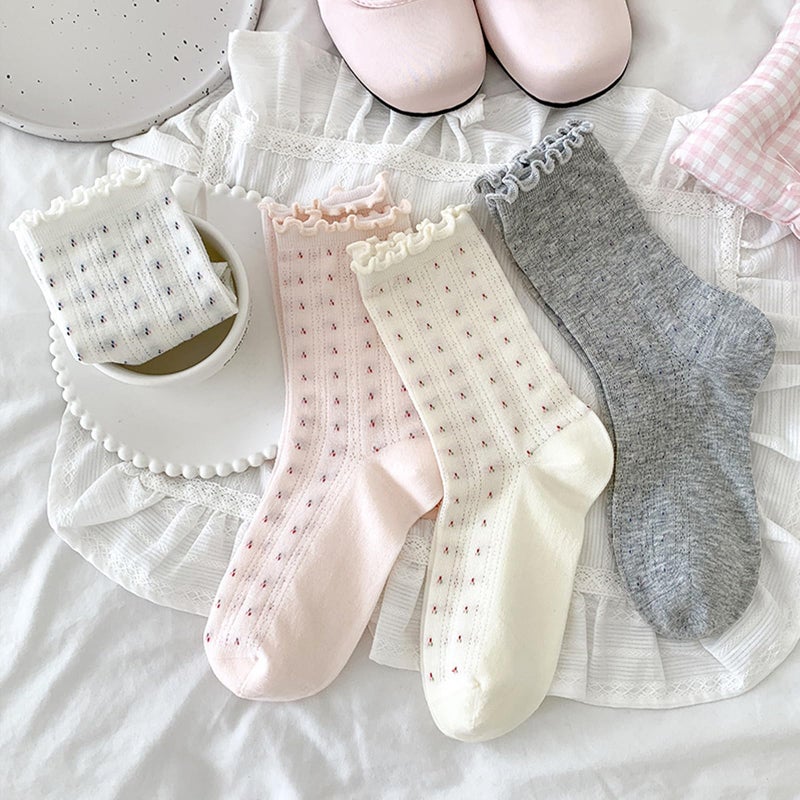 Knagsfa Cute Crew Socks for Women, 4 Pairs Casual Novelty Socks Bowknot and Flowers Ruffle Cuff Cotton Athletic Calf Socks - Image 3