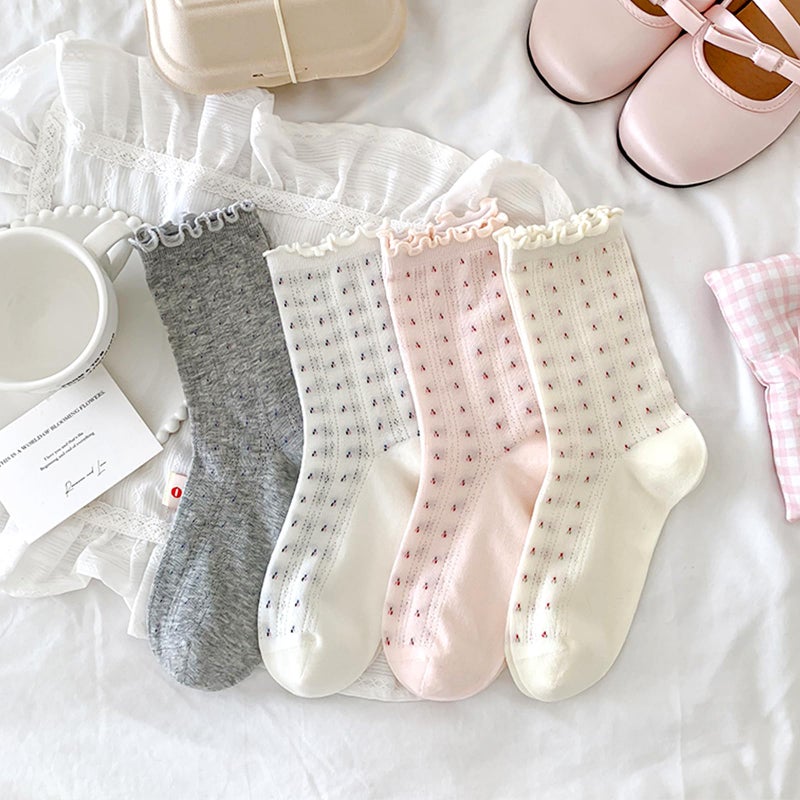 Knagsfa Cute Crew Socks for Women, 4 Pairs Casual Novelty Socks Bowknot and Flowers Ruffle Cuff Cotton Athletic Calf Socks - Image 4